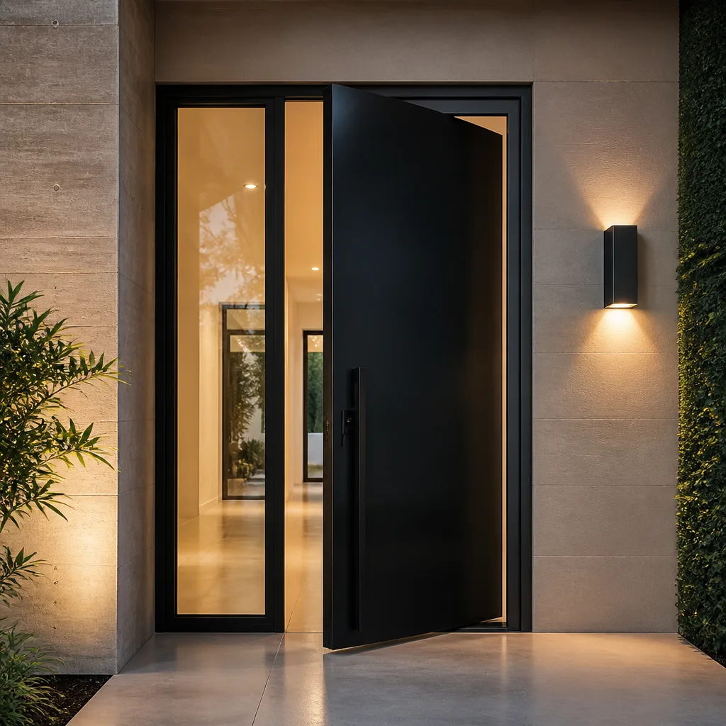 Modern matte black pivot front door with glass sidelight in contemporary entryway