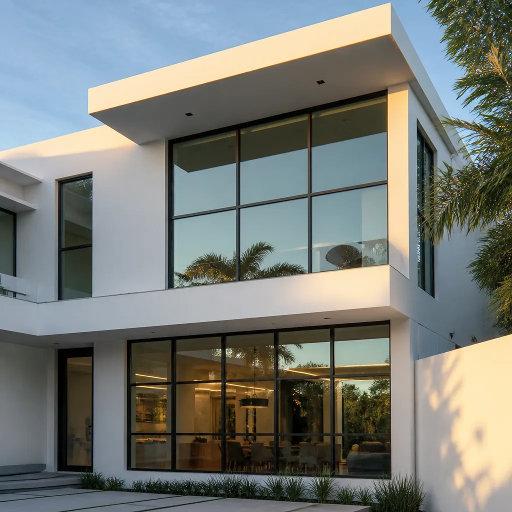 Modern luxury home exterior with professional floor-to-ceiling window and door installation.