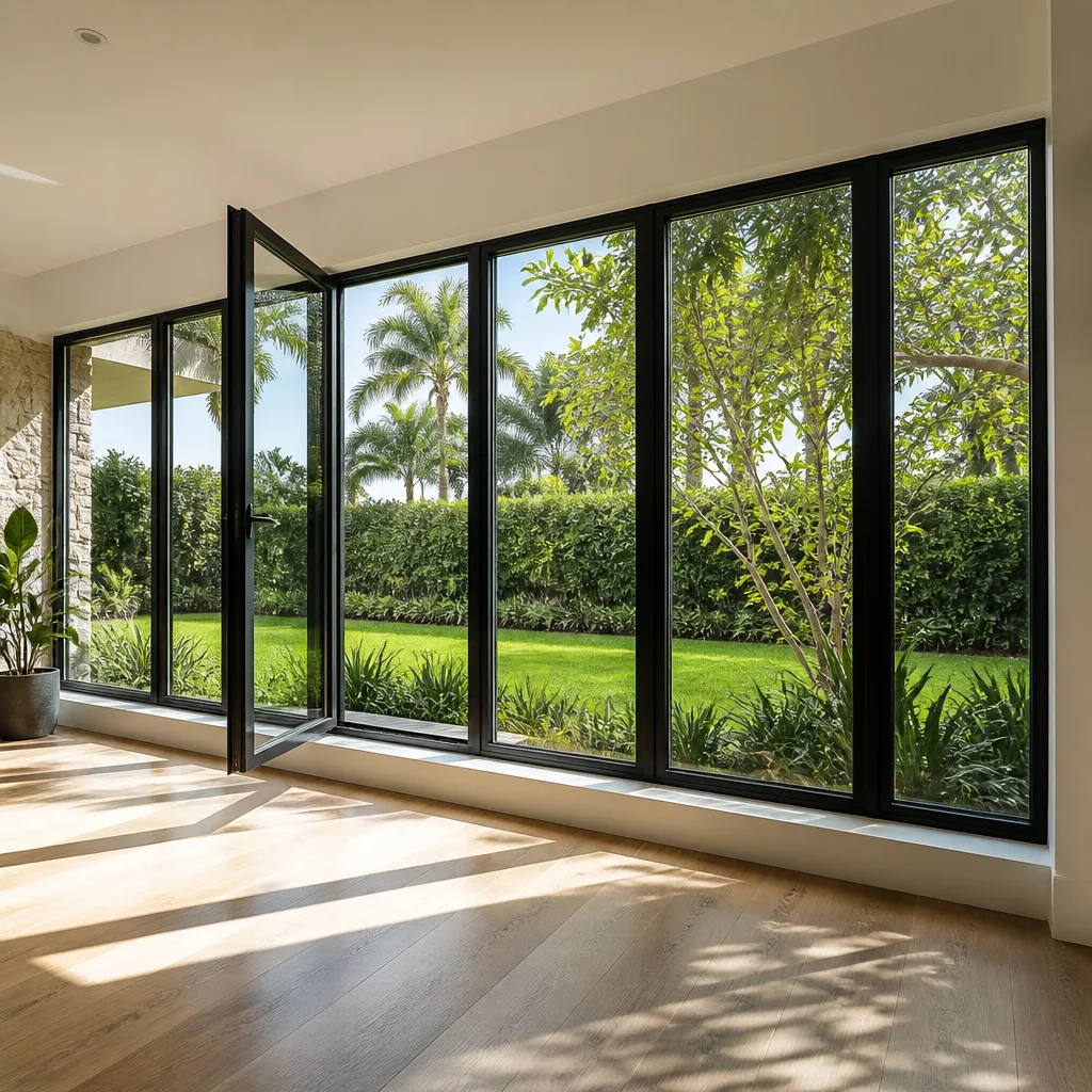 Modern black frame windows and door installed in a sunlit living room