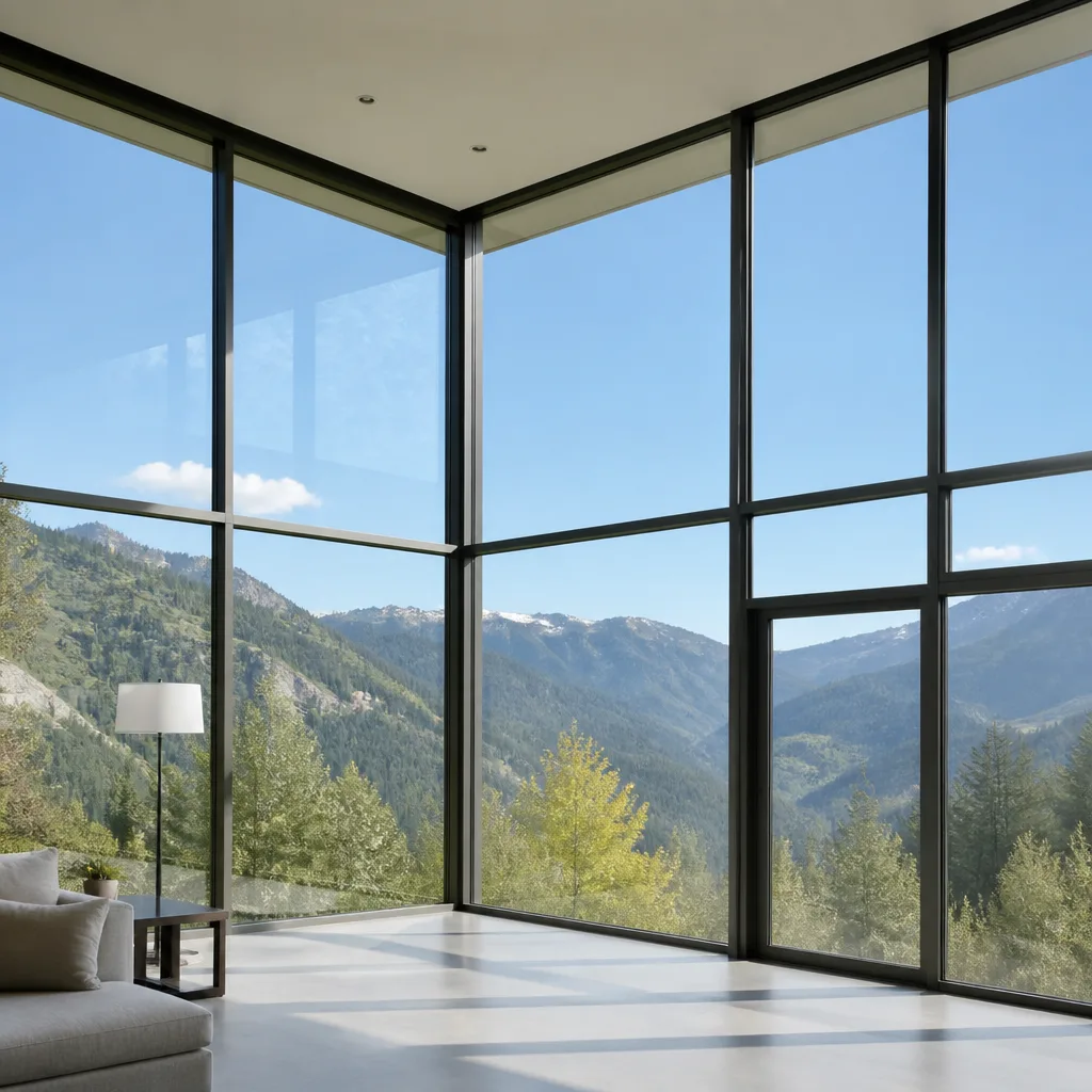 Modern floor-to-ceiling architectural windows in a luxury home with mountain views
